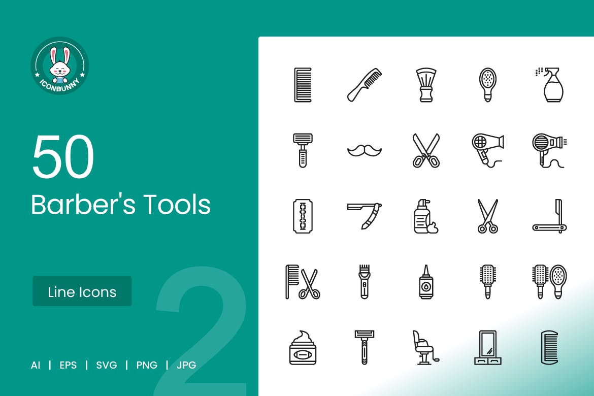 50 Barbers Tools Line Icons Free Download