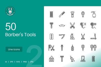 50 Barbers Tools Line Icons