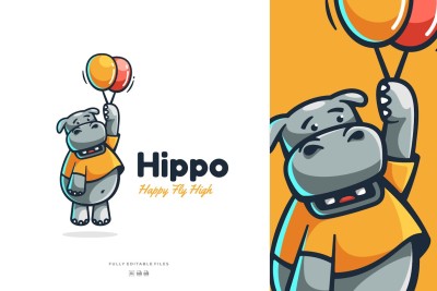 Cute Hippo Mascot Cartoon Logo