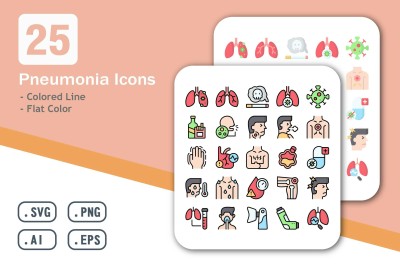 Pneumonia Icons - Colored Line and Flat Color