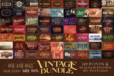 SALE Bundle 249 Fonts & 414 Logos Free Download